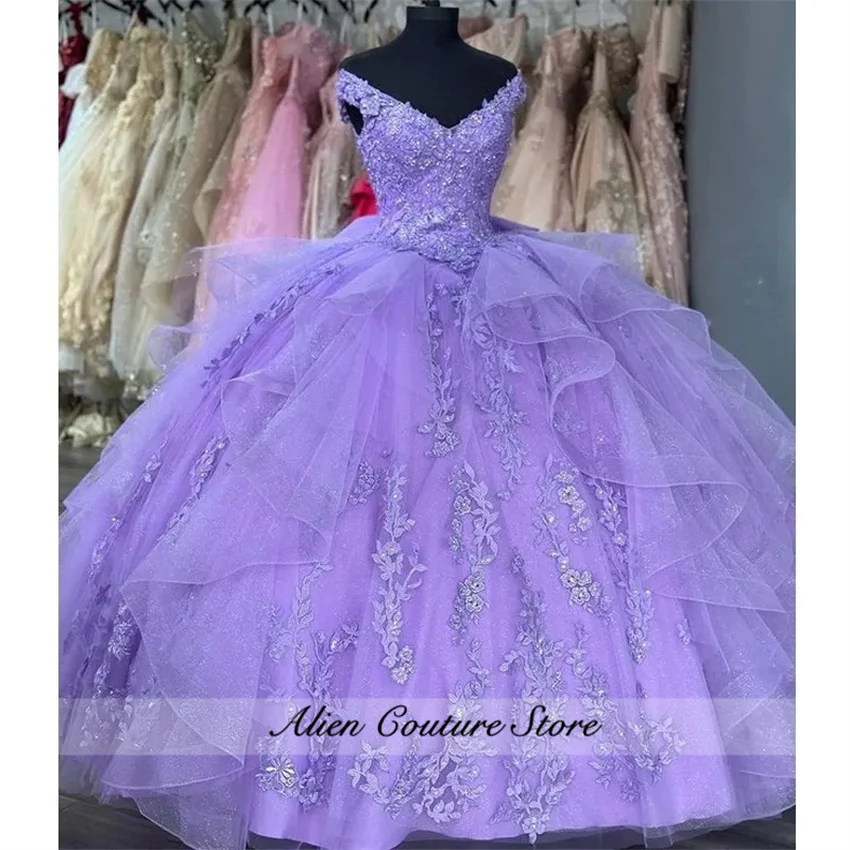 Princess Lavander Quinceanera Dresses Beads Floral Appliques Crystals With Bow Birthday Gown Sweet 15th Prom Party Customiz