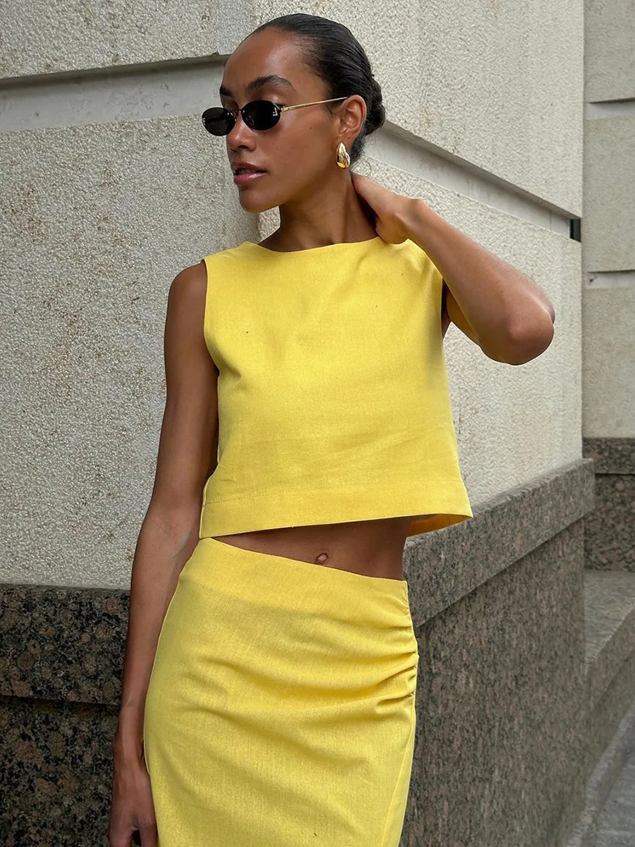 Fashion Female Maxi Skirt Sets High Waist Split Elegant Solid Streetwear Cropped Vest Top And Long Skirt Outfits Women's