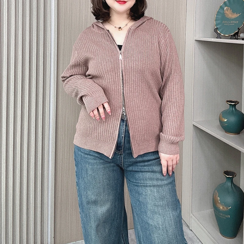 Women's Hooded Knitted Cardigan Coat, Loose Two-Way Zipper Sweater, Plus Size Jumpers, Autumn, Winter, 2261