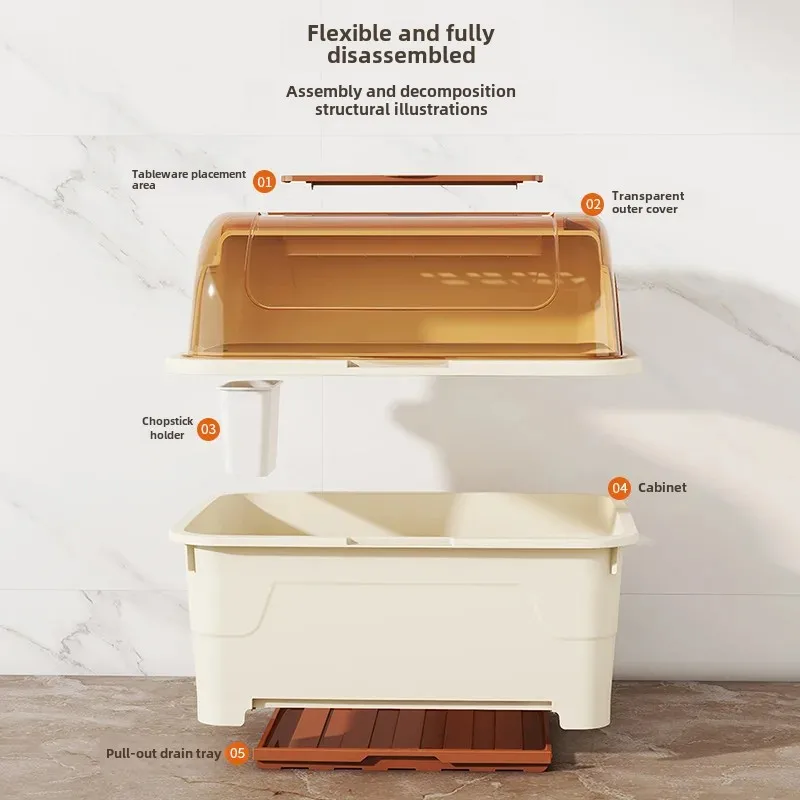 Sealed Tableware Storage Box with Lid Dish Drying Rack Drainage Tray Plastic Kitchen Storage Rack for Plates and Utensils