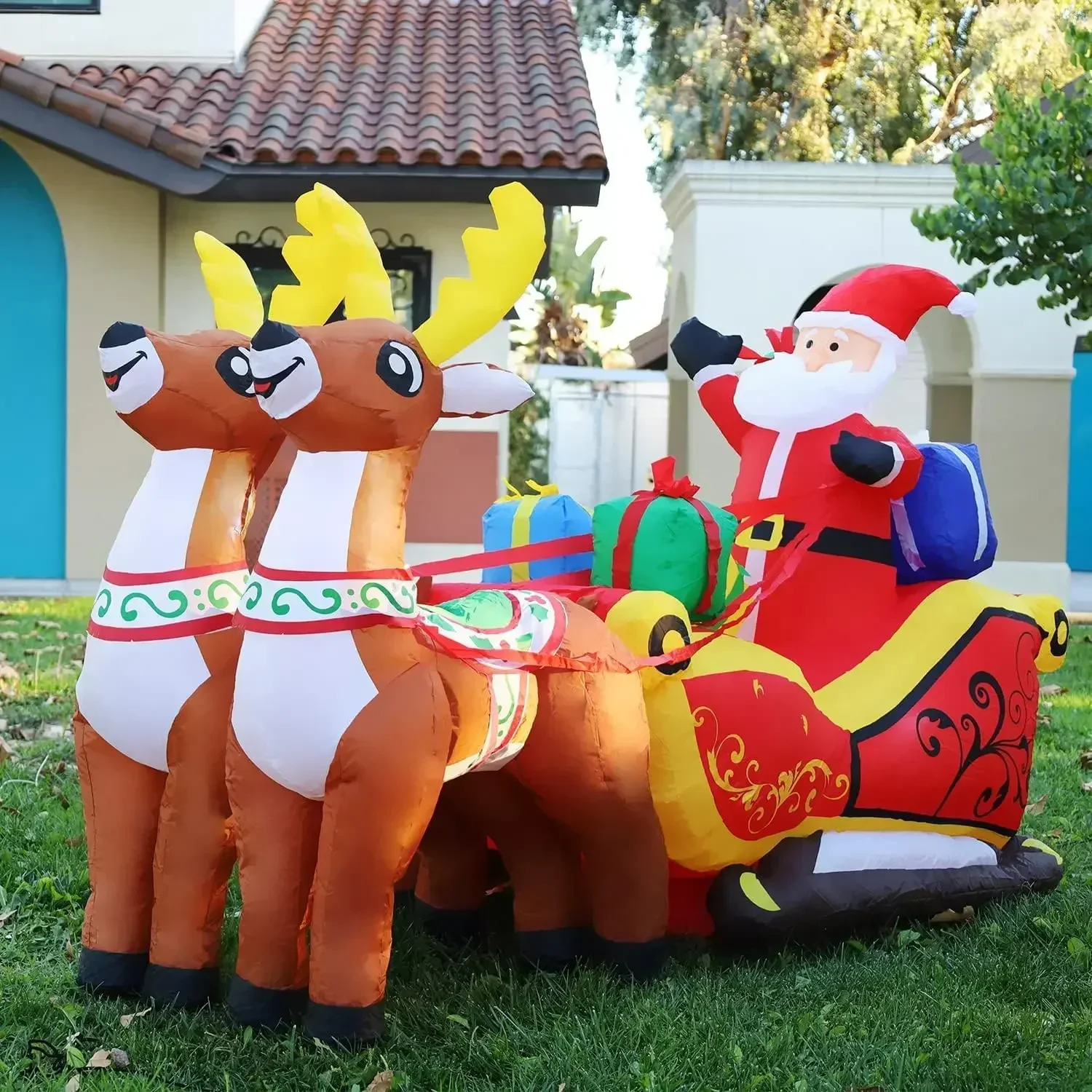 Christmas Inflatables Decoration Santa Claus Riding Sled Reindeer Inflatables Indoor Outdoor Decoration Yard Garden Party Decor