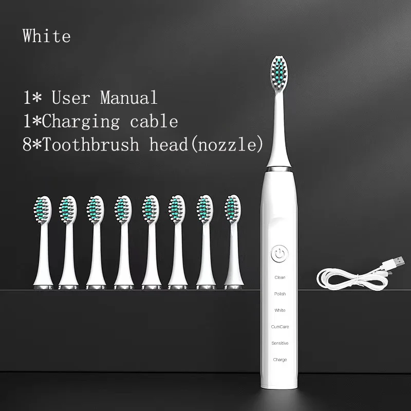 thumbnail image 1 of Cepillo de dientes eléctrico sónico para adultos con temporizador, vibrador automático ultrasónico para blanquear los dientes, IPX7, resistente al agua, 4 cabezales de cepillo, tipo USB, 1 of 5