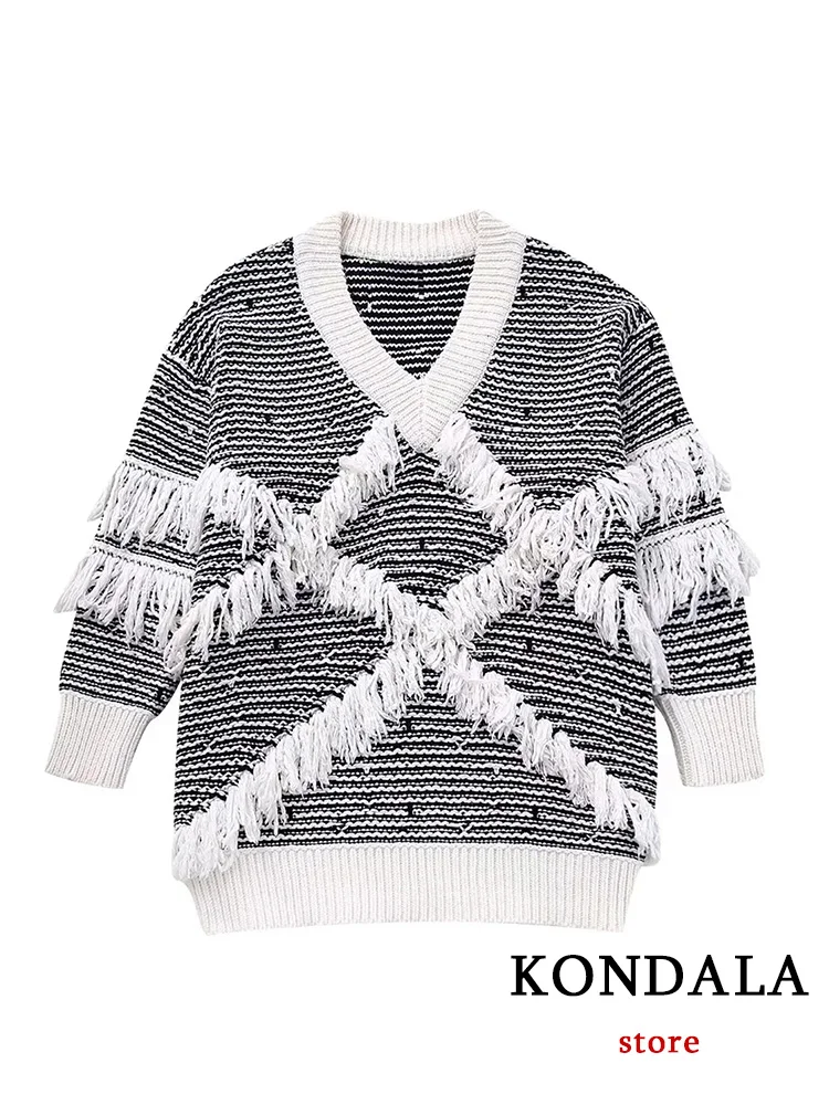 

KONDALA Vintage Casual Chic Women Sweater O-Neck Long Sleeve Tassel Loose Knitted Pullovers Sweater Fashion 2023 Autumn Winter