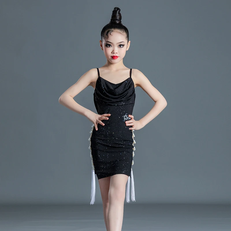 

Kids Samba Chacha Ballroom Dance Performance Clothes Girls Black Irregular Fringed Latin Dance Dress Salsa Dresses SL6372