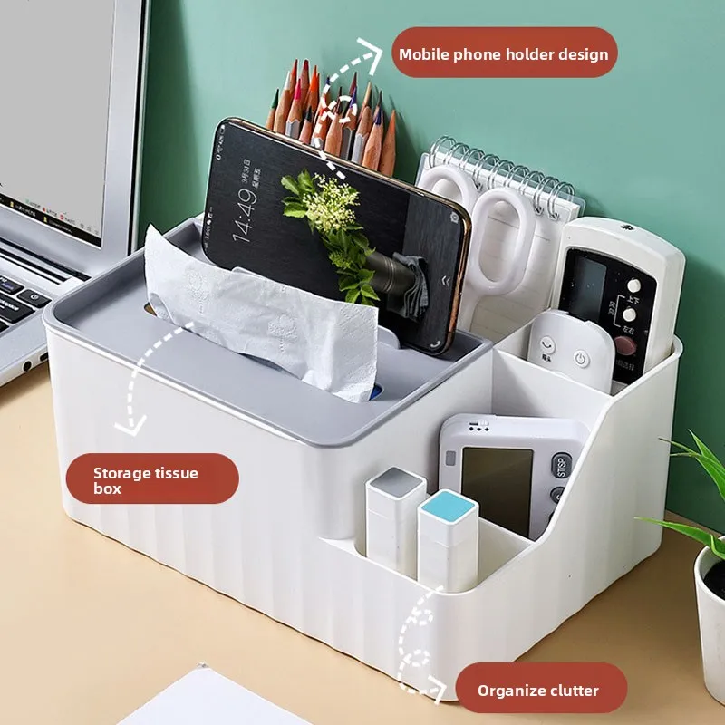 6-Section Desk Organizer - Multifunctional Tissue Box With Remote Holder Plastic Storage For Living Room Kitchen & Office - 3