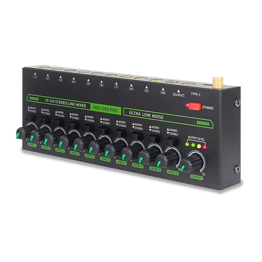 10Channel Audio Mixer Low Noise Stereo Mono Line Mixer 6.35mm TRS/TS Input Type-C Audio Processor for Guitar Bass Keyboard Stage
