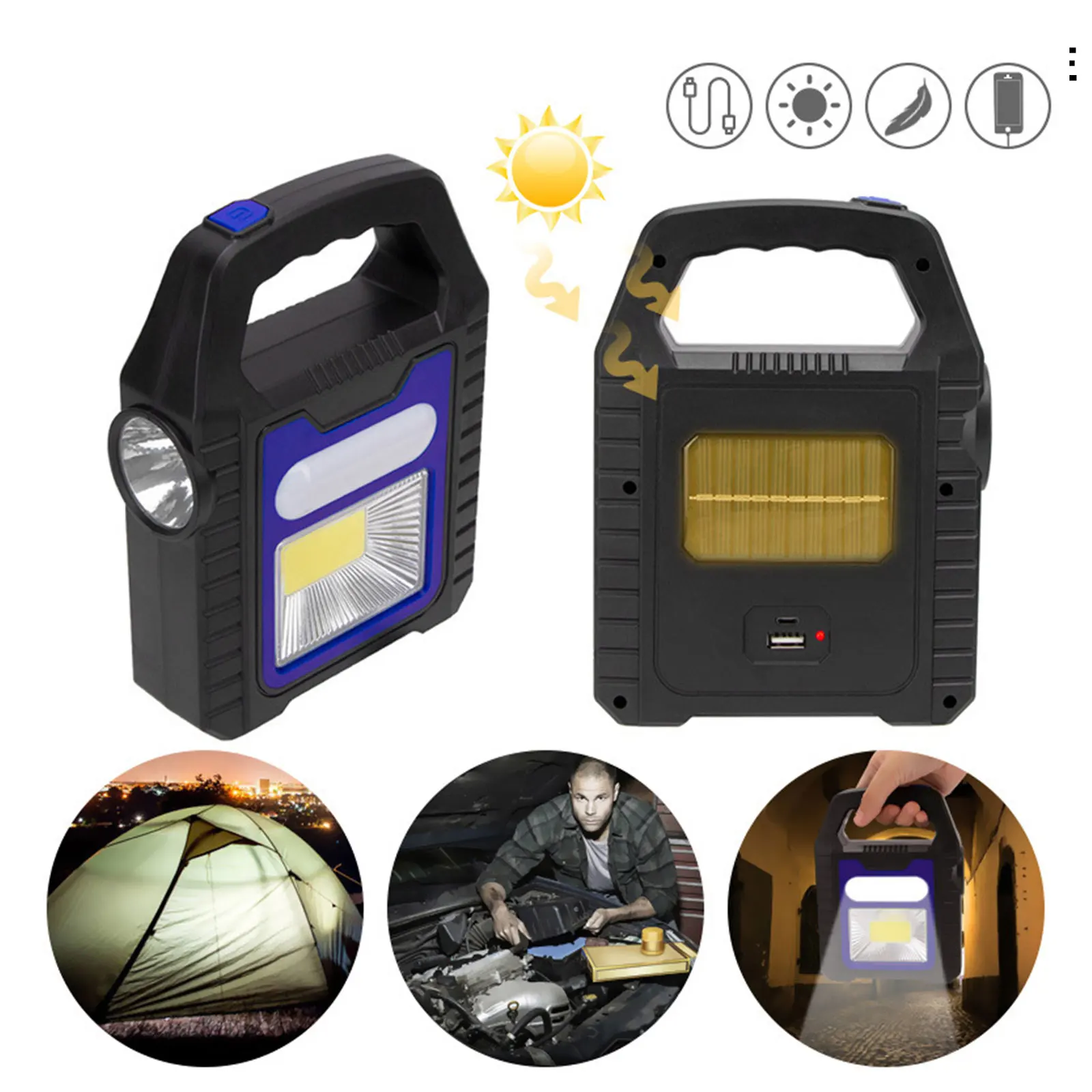 

USB Rechargeable Handlamp Portable Solar Lantern COB Work Lamp Waterproof Emergency Spotlight for Outdoor Hiking Camping