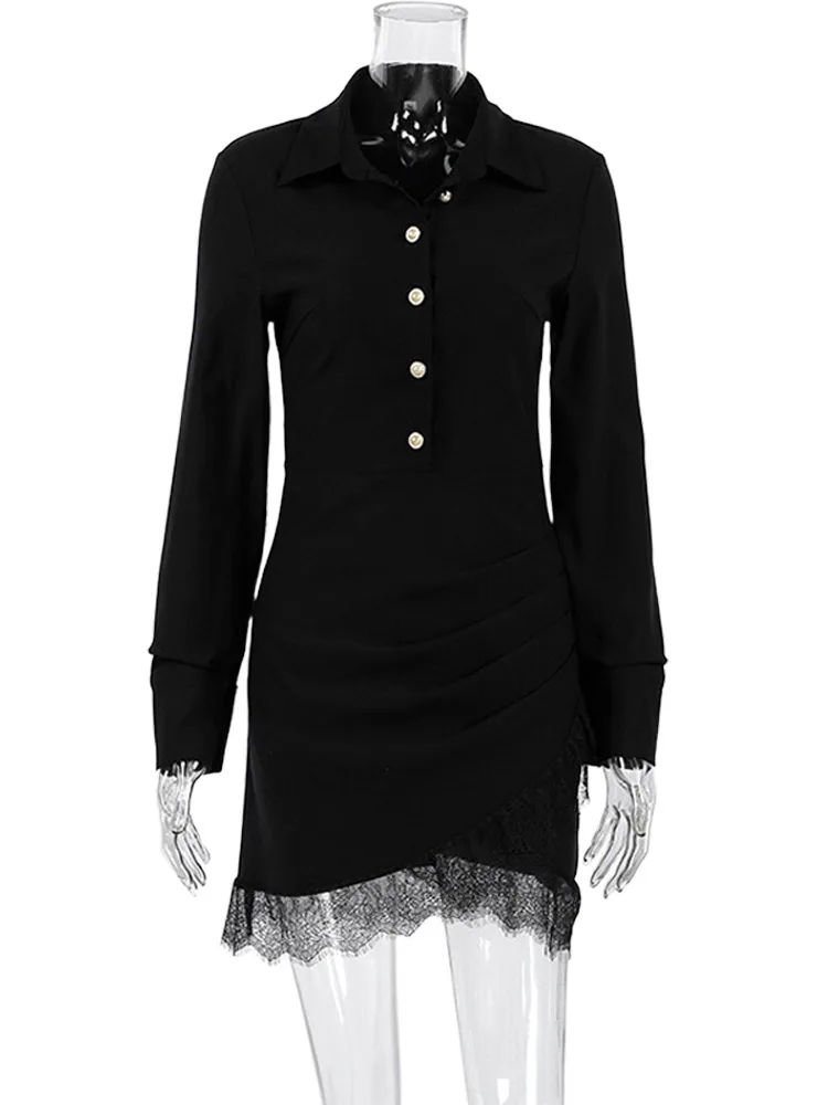 Damen Drapiertes Hemdkleid mit Patchwork-Spitzensaum, Knopfleiste vorne, Langarm, Reverskragen, Kleider 2026, Lässig für den Alltag und Pendeln, Vestidos