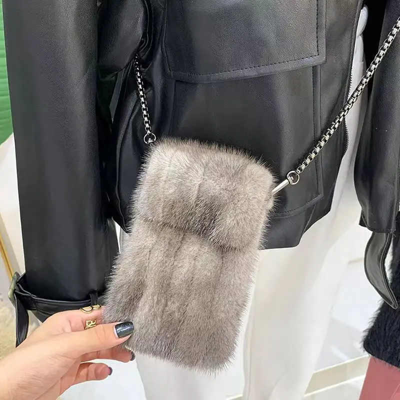 Luxury Real Mink Fur Bag Crossbody Bags For Women Autumn Winter Plush Purses And Handbags Female Phone Shoulder Bag Girls Purse