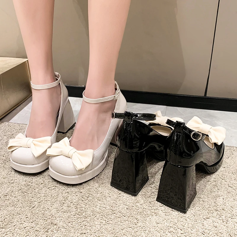 

Ladies High Heels Elegant Bow Square Toe Black Fashion Women's Pumps Thick Heel Wedding Party Pearl Lace Wedding Shoes for Women