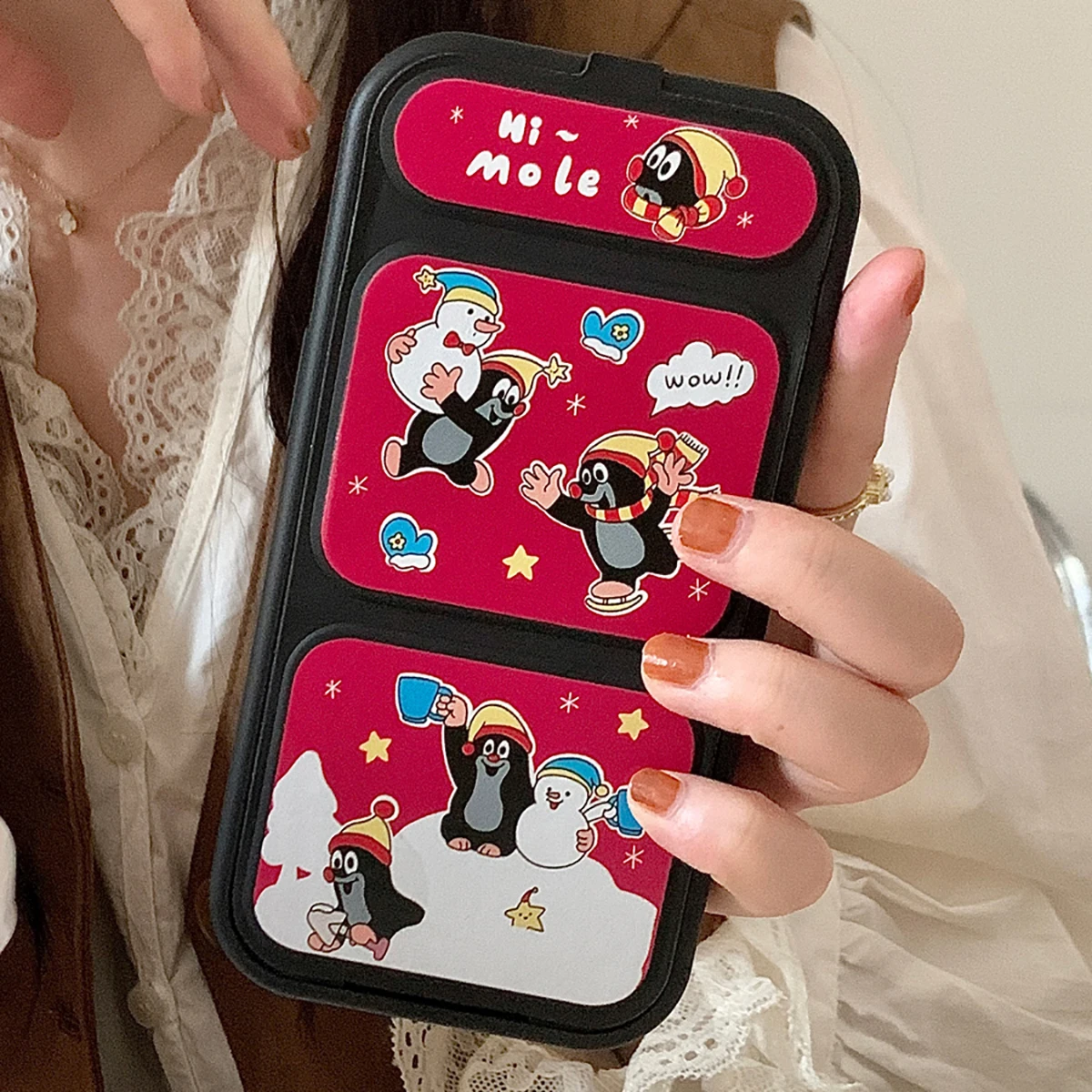 

Cute Cartoon Silicone Sliding Back Covers For iPhone 11 12 13 14 15 Pro Max Shockproof Folding Leather Holder Black Phone Cases