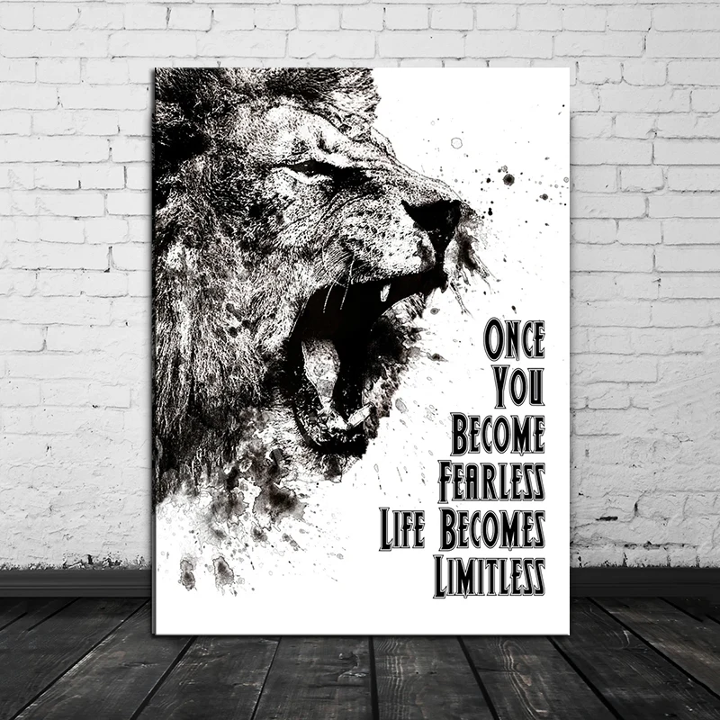 

Lion Art Print Quote Black White Poster Inspirational Gift Animal Poster Motivational Art Canvas Painting for Office Home Decor