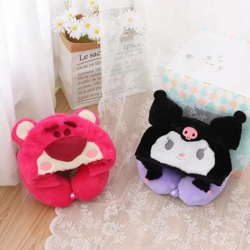 Kuromi Strawberry Bear Doll Toy Cartoon Hooded U-shaped Neck Pillow Office Napping Pillow Travelling Plane Hooded U Pillow Toy