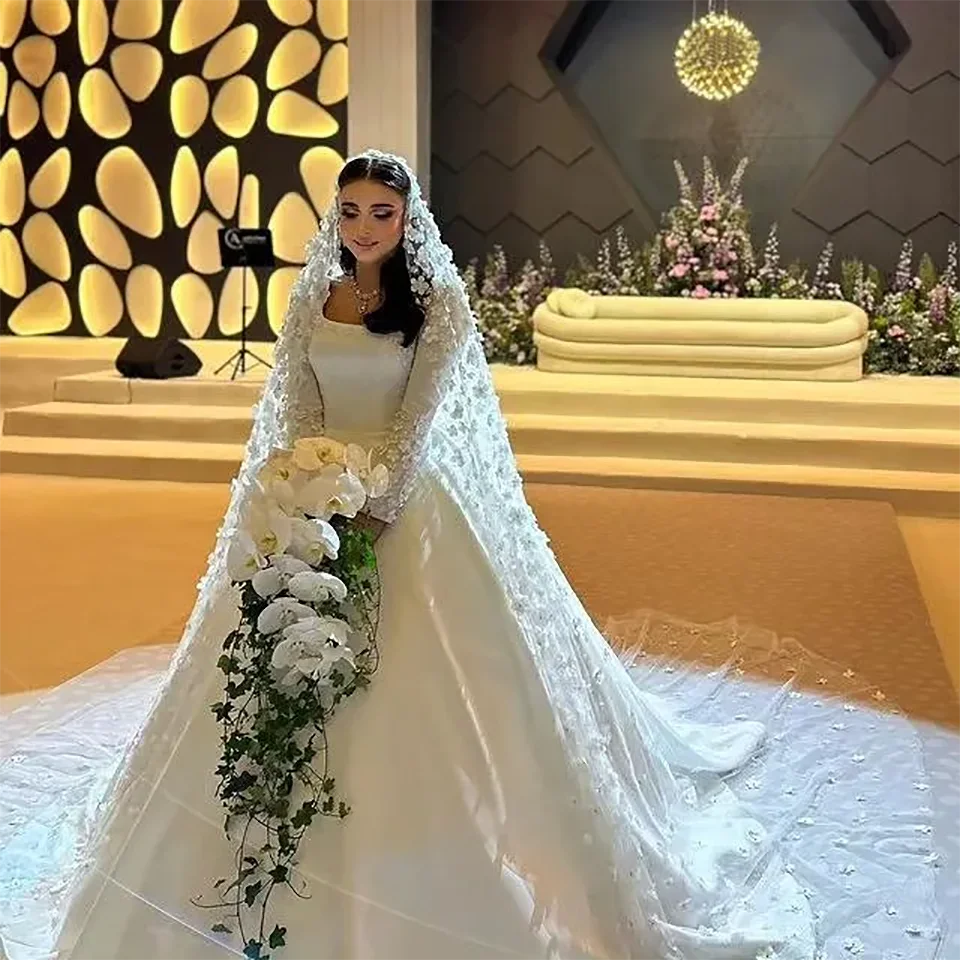 Maßgeschneiderte Blumenapplikationen Ballkleid Satin Hochzeitskleid 2026 Prinzessin Quadratischer Ausschnitt Lange Ärmel Brautkleider Vestidos De Novia – Detail 4