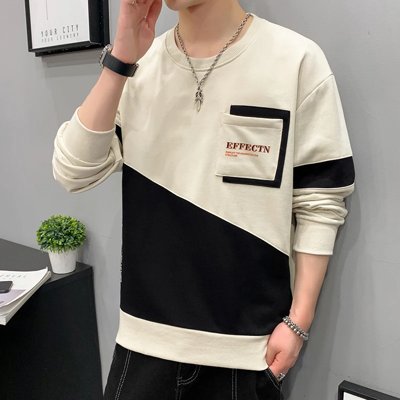 2023 Autumn Winter Long Sleeve Men's Casual Round Neck Bottom Hoodies Patchwork Pocket Contrast Color Letter Pullover Loose Tops