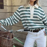 Vintage Lapel Collar Shirt Pullover Tops Tees Women Striped Rugby Polo T-shirt Y2k Long Sleeve Sweatshirt Preppy Sweatshirt