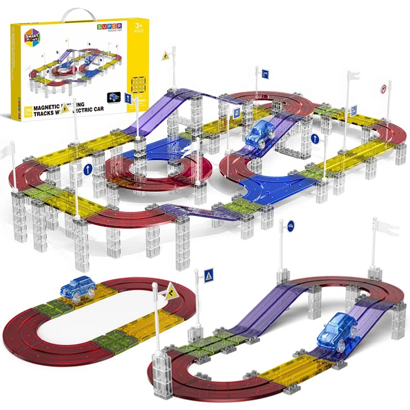 Magnetic Building Blocks Magnetic Tiles Road Car Boys Toys Building Blocks Electric Rail Car Construction Game STEM Activity Playset Montessori Kids Toys