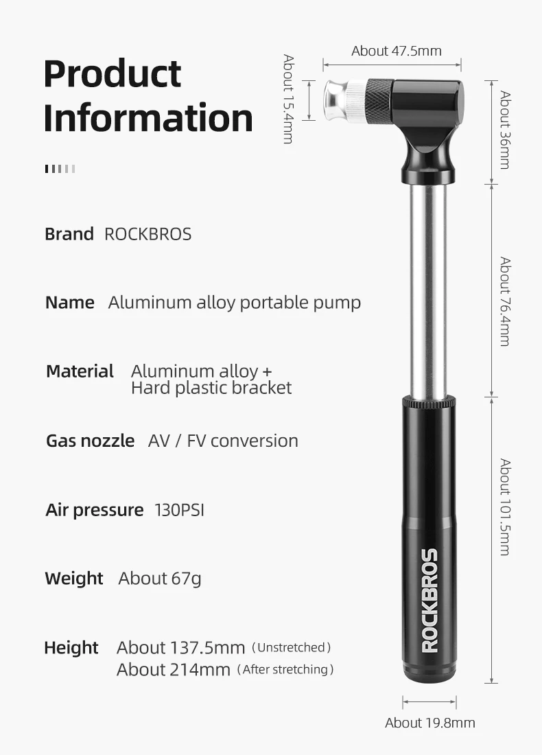 Rockbros Fahrradpumpe130psi Luftpumpe Aluminium legierung tragbare tropfen feste Fahrrad ultraleichte Handpumpe MTB Mountainbike Pumpe – Detail 2
