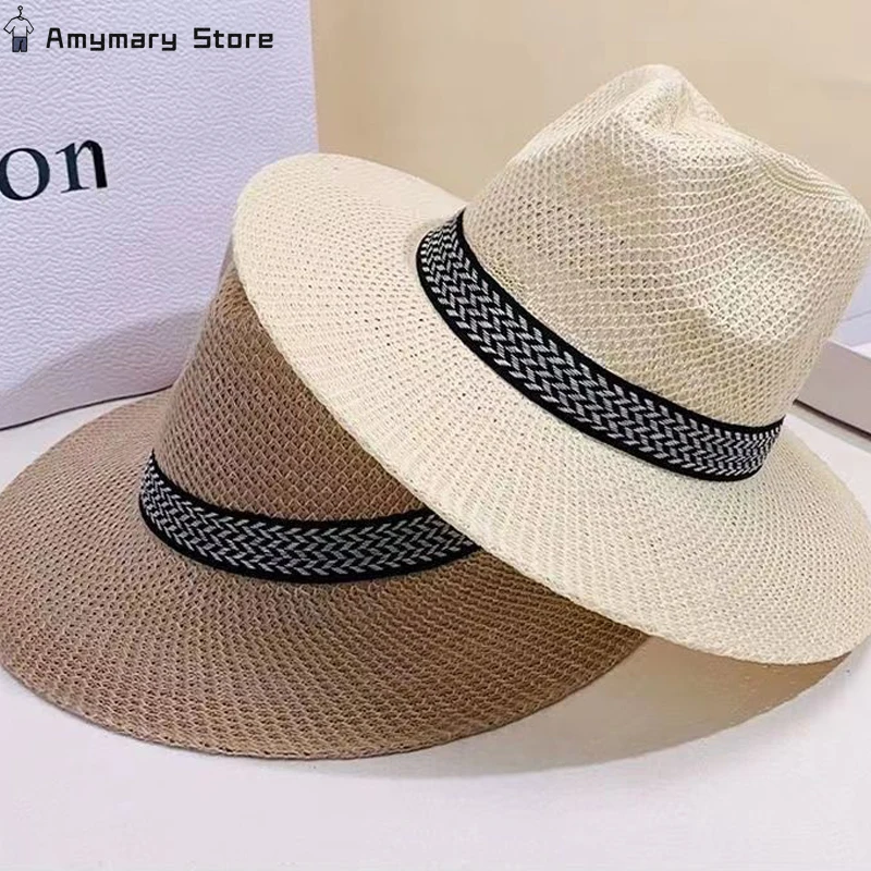 

Solid Color Handwoven Straw Cap Vintage Summer Straw Hat Cool Men Straw Fedora Panama Hats Unisex Casual Sunscreen Beach Hat