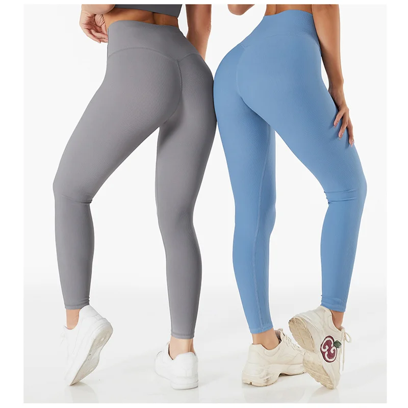 High Waist Yoga Pants Ribbed Fabric Fitness Legging Women Naked Feel  Flatting Comfy No Front Seam Gym Sports Tights