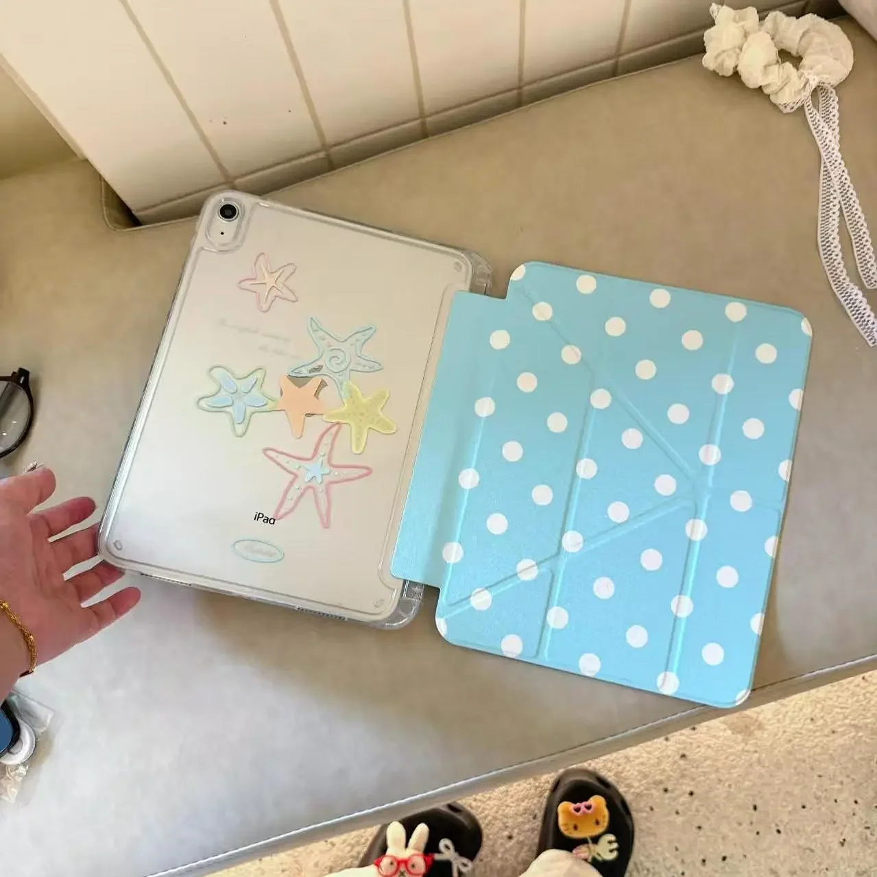 White Polka Dot Wing iPad Case with Pen Holder and Smart Y Folded Edge Design