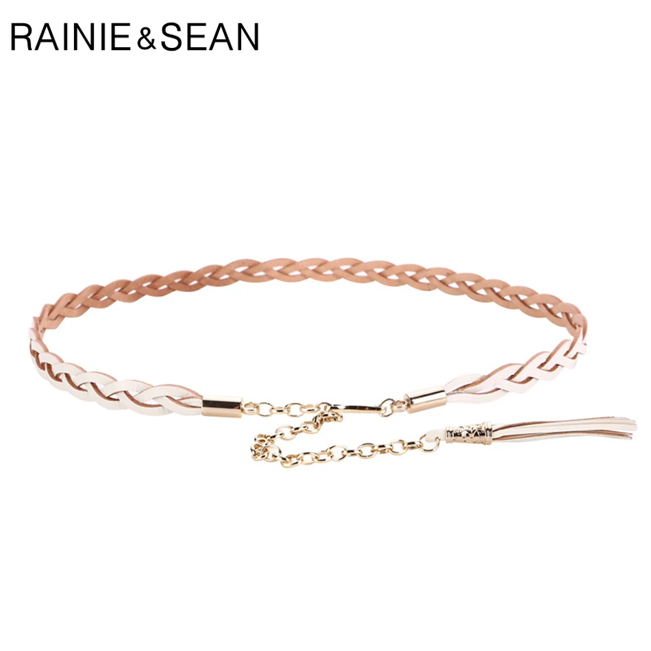 RAINIE SEAN Braided Belt Woman White Chain Belt Genuine Cow Leather Tassel Luxury Designer Brand Thin Elegant Ladies Dress Belts 10pcs echu1h561jx5 thin film capacitor 560pf 50vdc 5% pps film 0805 ech u1h561gx5 cbb polyester capacitor new original genuine