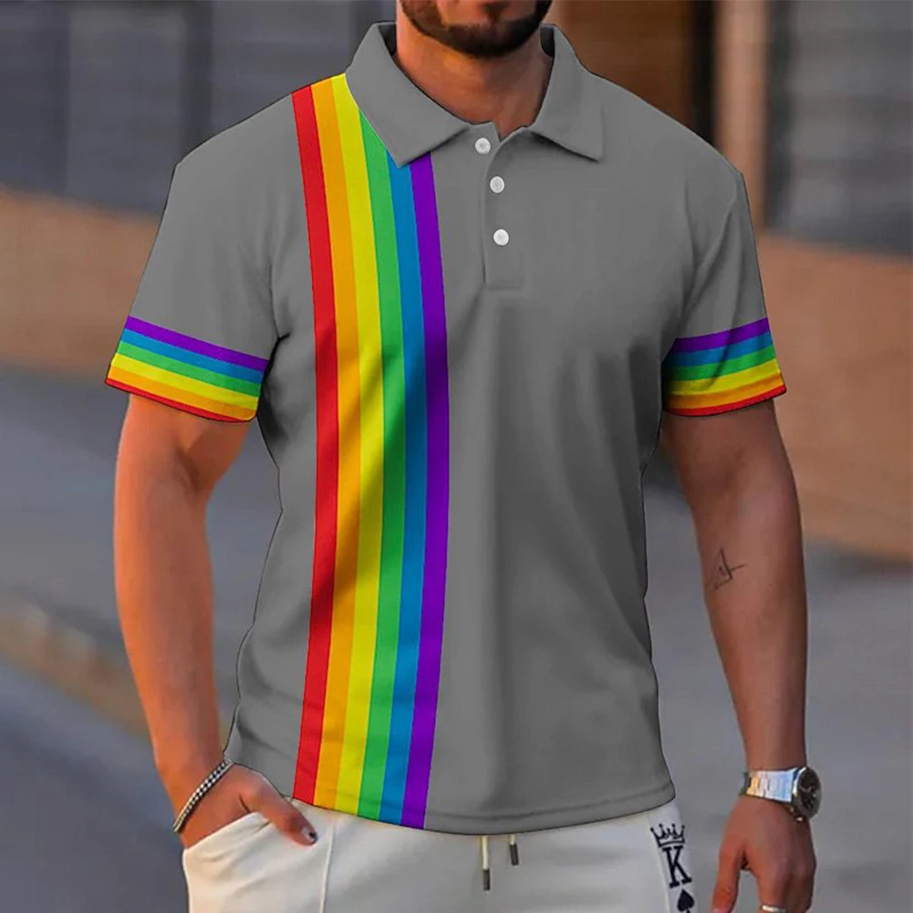 남성용 레인보우 스트라이프 프린트 폴로 티셔츠, 라펠 반팔 셔츠, 오버사이즈 캐주얼 골프 블라우스, 버튼 탑, 3D 컬러 패션  Best5