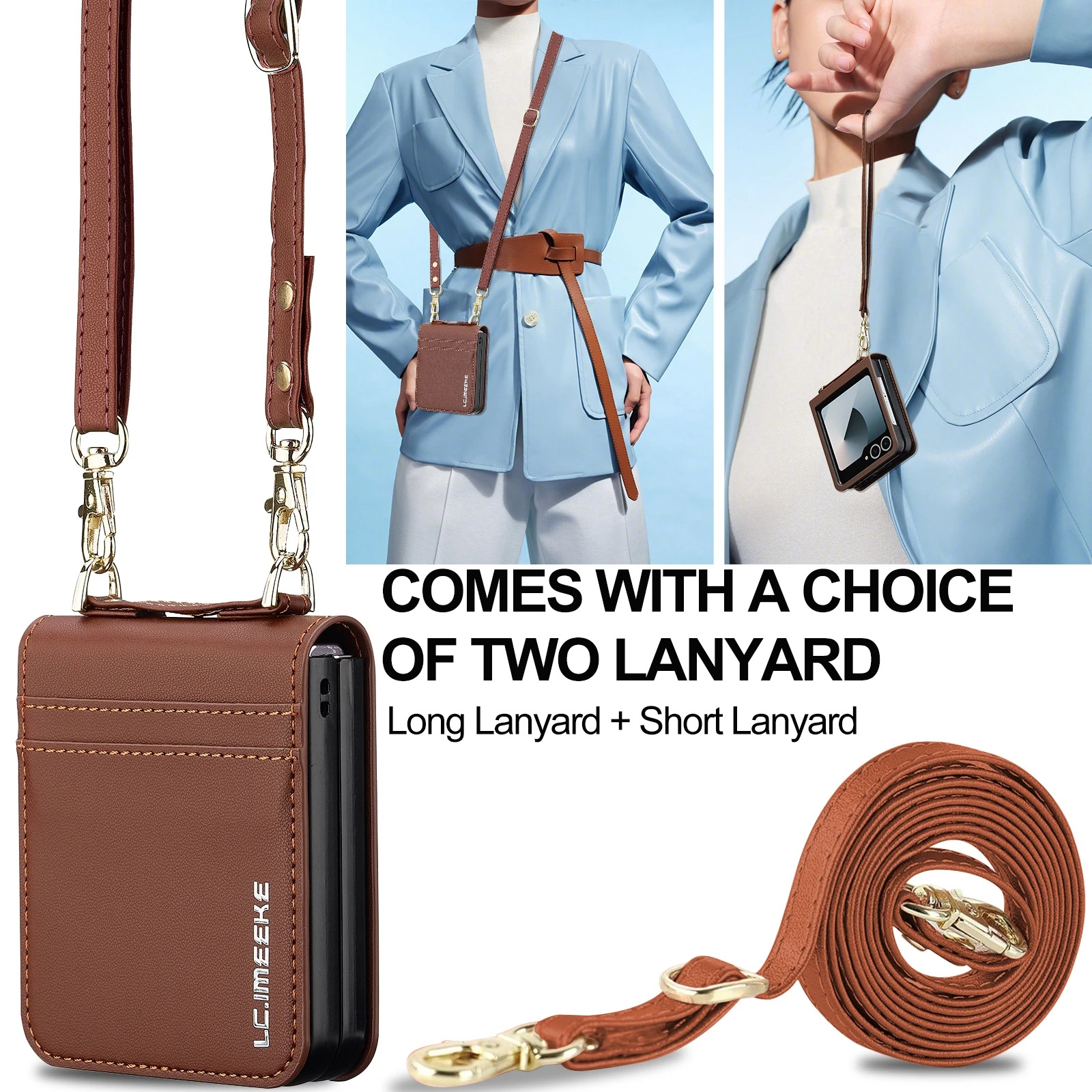 Elegant Leather Phone Case with Card Holder & Wrist Strap - Crossbody Lanyard Design