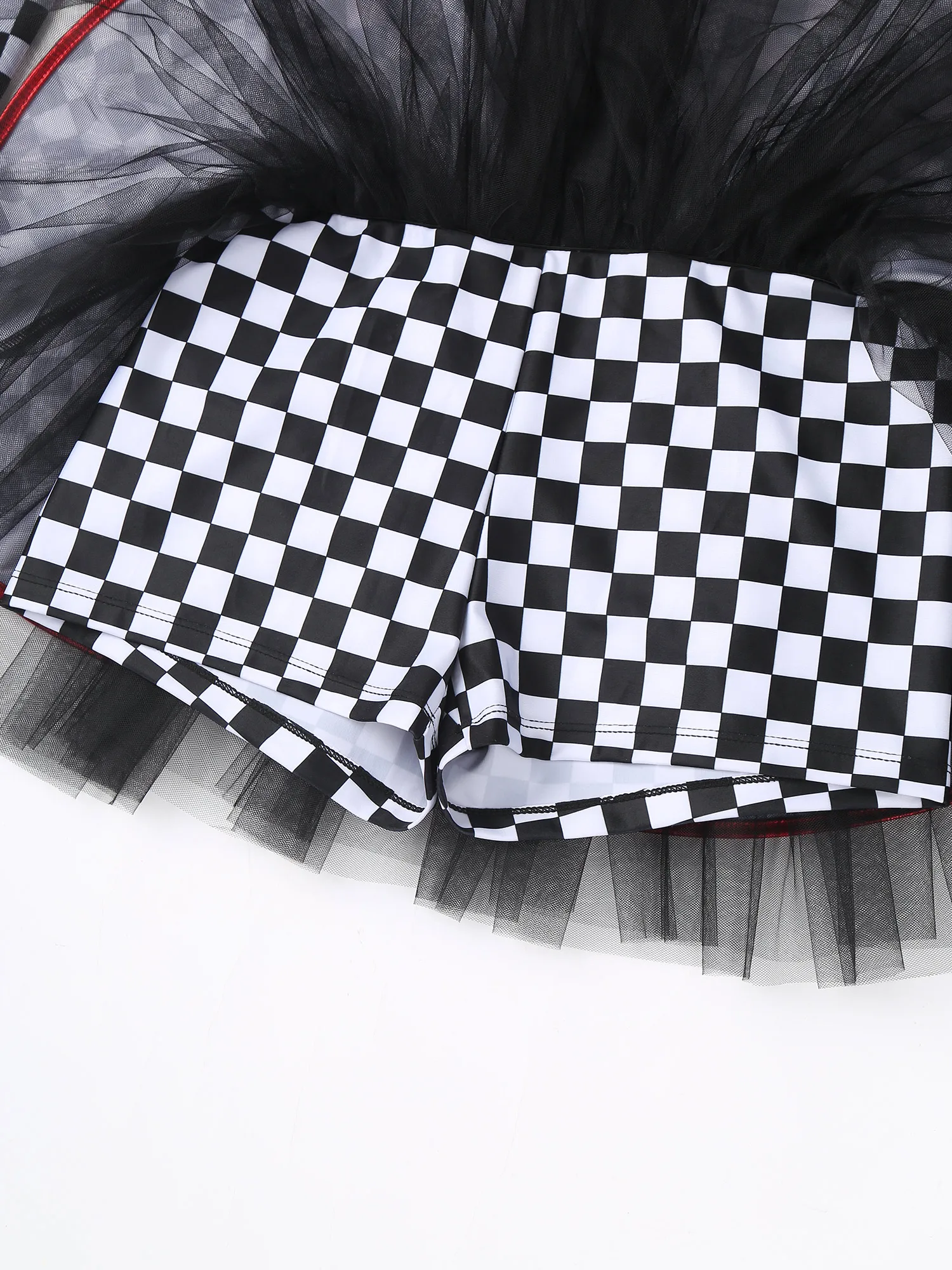 Womens Vintage Checkerboard Print Racer Dress Long Sleeve Sequins A-line Tulle Skirt with Shorts Dress Halloween Party Costumes 5