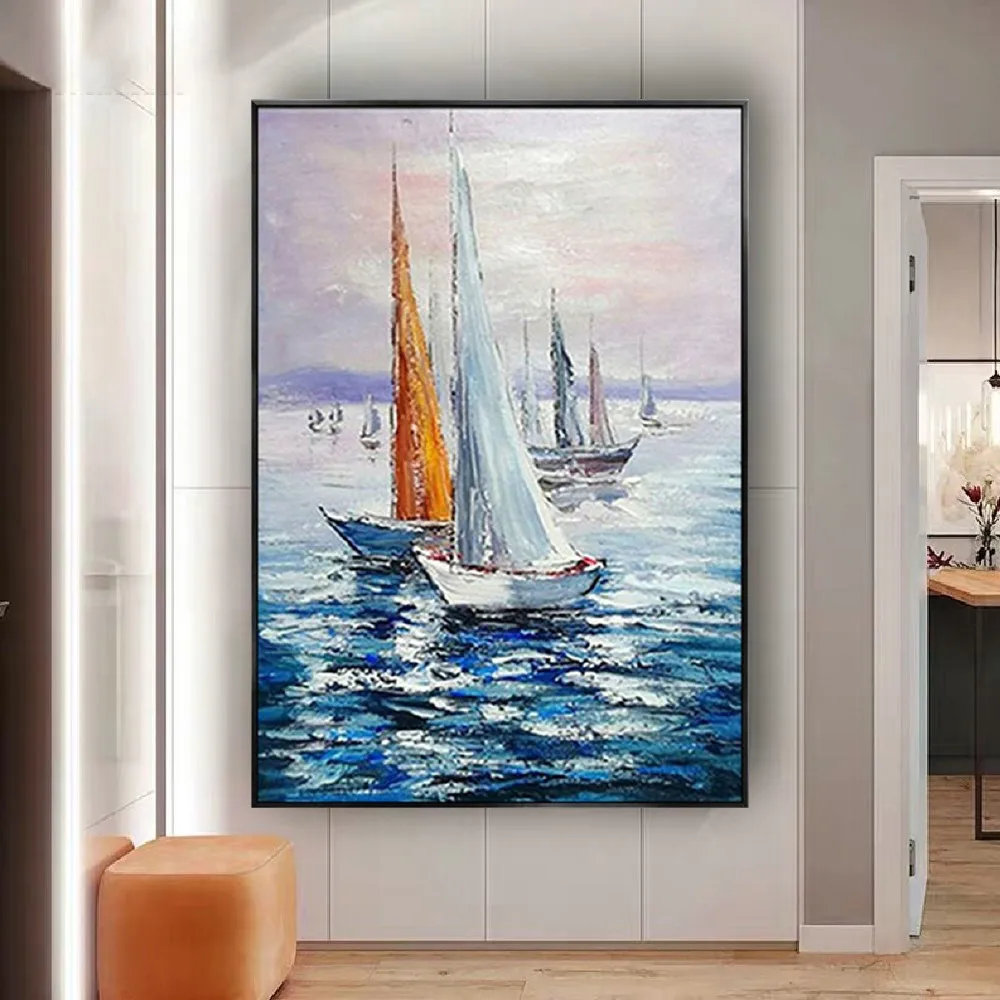 

Handmade Corridor Ship Oil Painting On Canvas Seaview Poster Decor Home Sailboat Wall Art Picture For Living Room Porch Mural