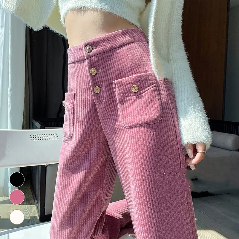 Spring, Autumn and Winter Women's High Waist Buckle Solid Pocket Stripes Shirring Loose Wide Leg Pants Fashion Casual Pants
