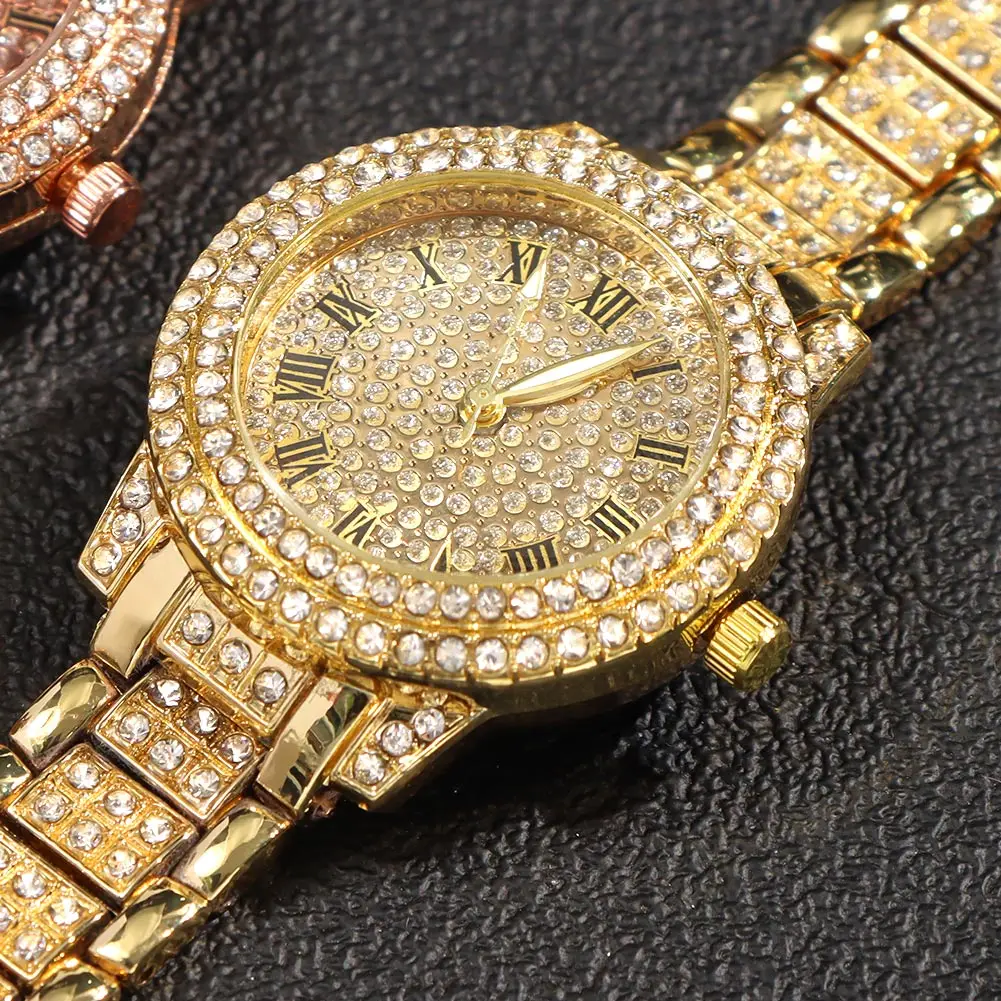 Iced Out Rose Gold Silver Color Watch Women's Luxury Rhinestone Cuban Chain Bracelet Watches Fashion Wrist Watch Hip Hop Jewelry