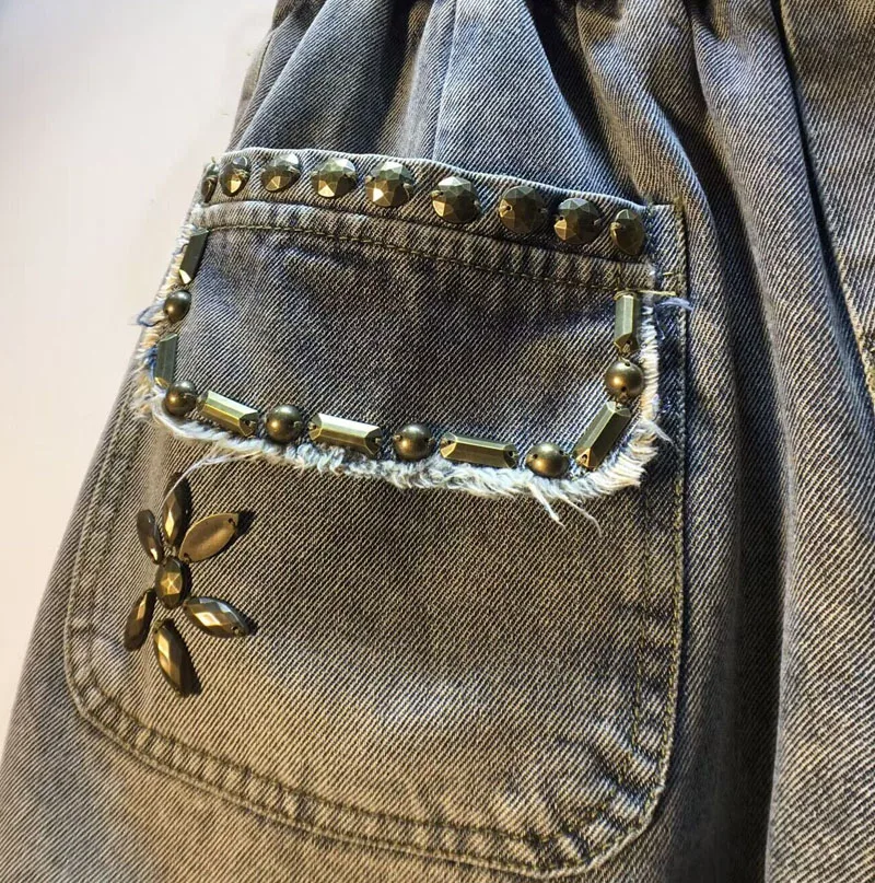 Europe 2023 New Summer Vintage Pockets All-match Beading High Waist Women Denim Shorts Short A-line Loose Wide Leg Jeans Casual
