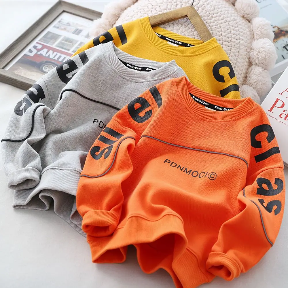 

Толстовка для мальчиков Новинка весна-осень 2023 Детская рубашка с круглым вырезом и буквенным принтом Свободный Топ