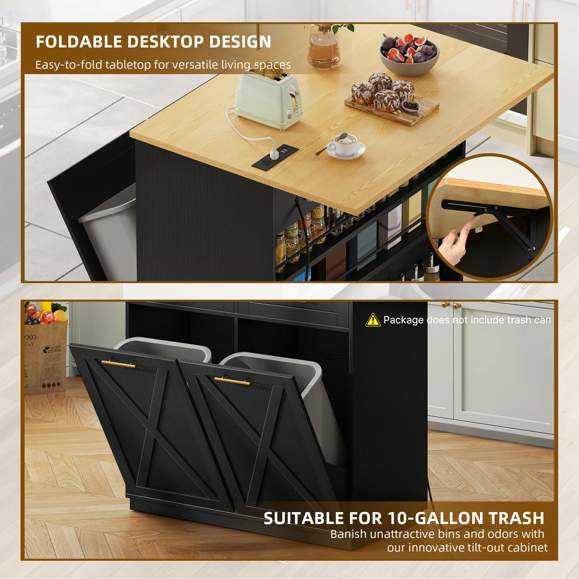 Double Tilt Out Trash Cabinet 10 Gallon with Drop Leaf & Power Outlet, Rolling Kitchen Island Trash