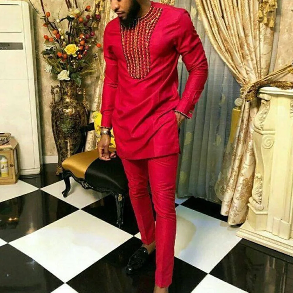 

2023 New African Clothing Men's Sets Long Sleeves Round Neck Men's Shirts and Casual Trousers Two Piece Wedding Party Men Suits