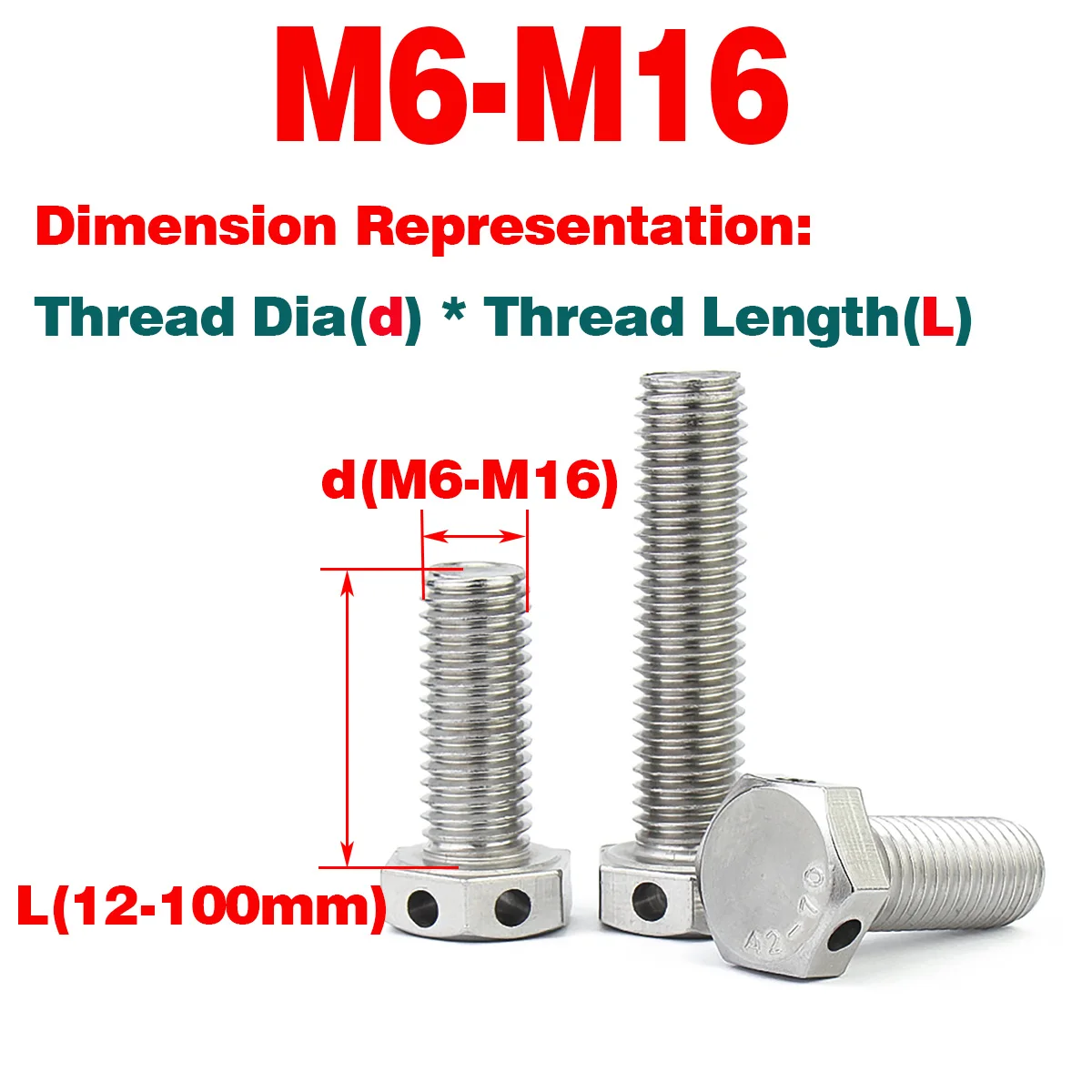 

304 Stainless Steel Outer Hexagonal Bolt With Hole On The Head / Screw With Safety Hole M6-M16