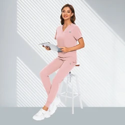 Unisex Casual Jogger Medical Uniform Set - Short Sleeved V-neck Top and Pants - S (42032-Pink)