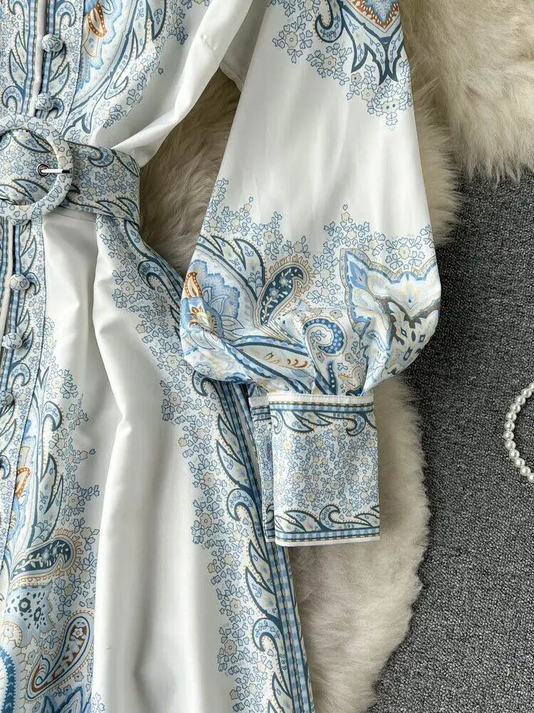 Nuevo vestido de fiesta vintage para mujer, moda de manga larga, botonadura sencilla, cuello alto, elegante, estampado, vestidos largos, primavera y otoño.