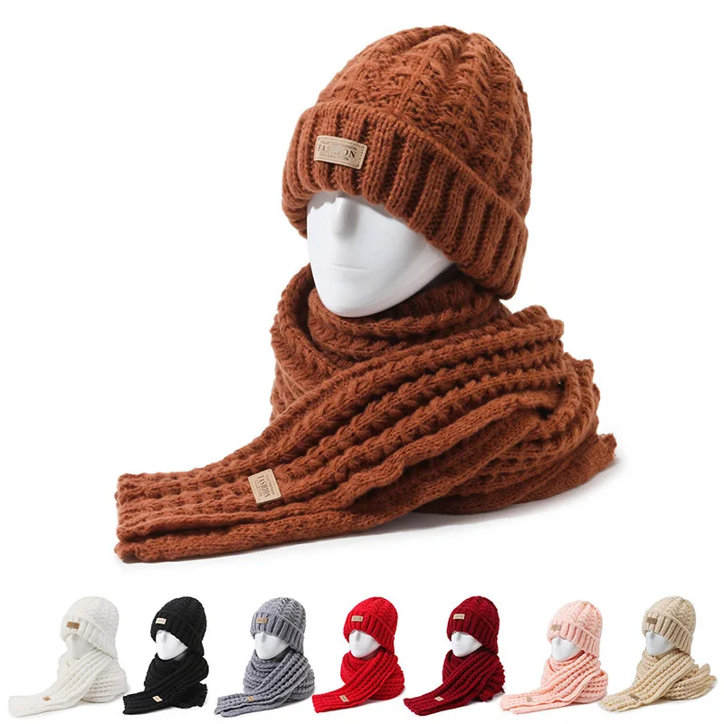 

Knit Woolen Beanies Hat With Scarf Unisex Two-piece Winter Warm Ear-protective Cotton Caps Women Solid Color Bib Cold Hats