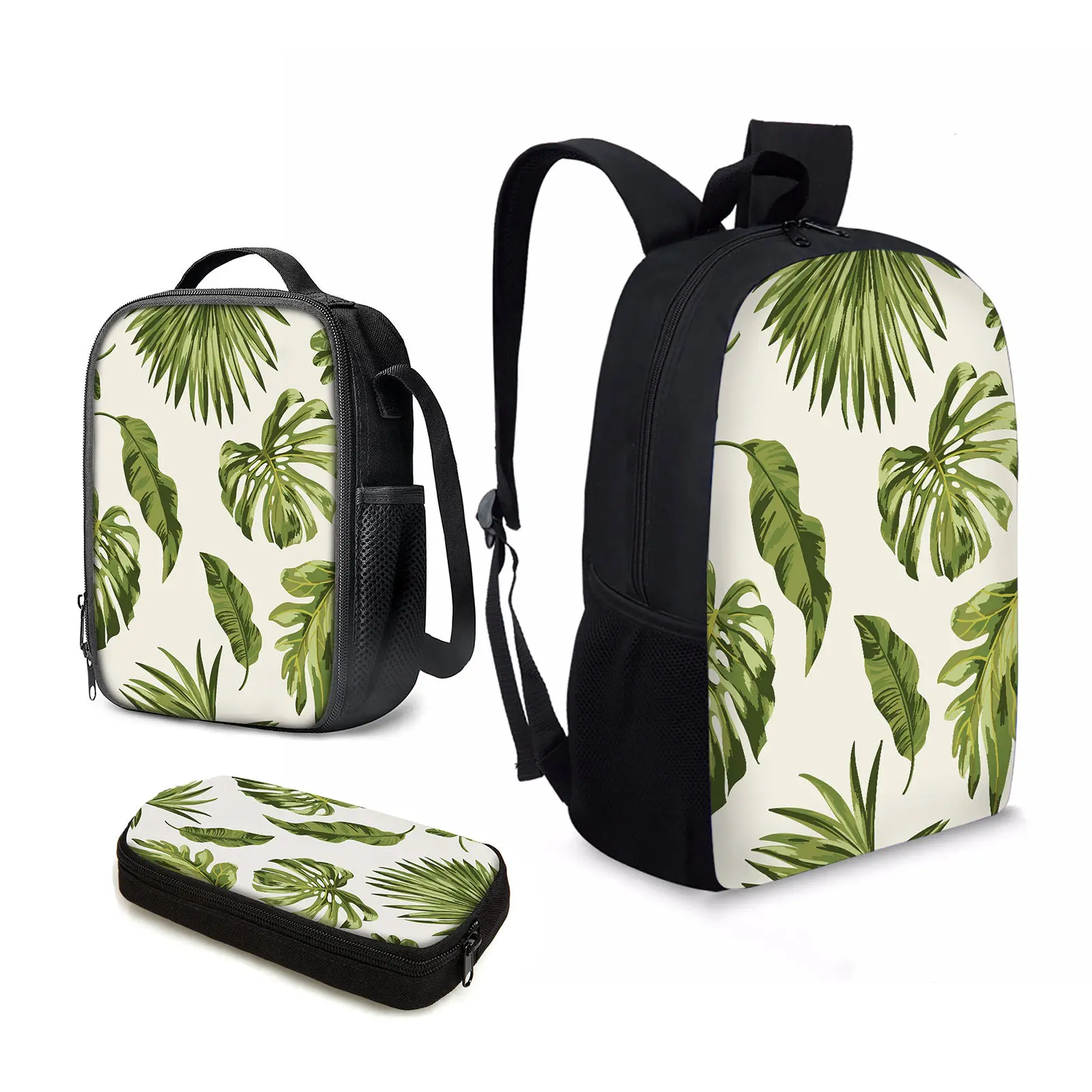 

YIKELUO Green Palm Leaf Design 3pcs Kids Back To School Gift Pack Zippered Spring Backpack Insulated Lunch Bag Pencil Case