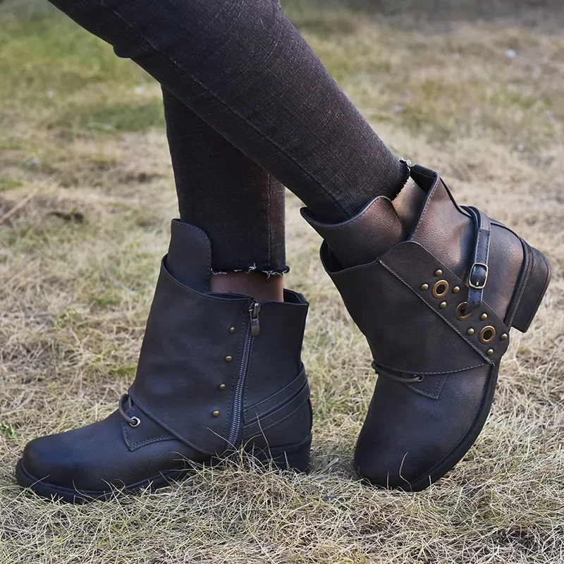 Women's Ankle Boots Women Female Autumn and Winter Retro Low Heels Ladies PU Leather Shoes Vintage Zip Boots Drop Shipping 2024