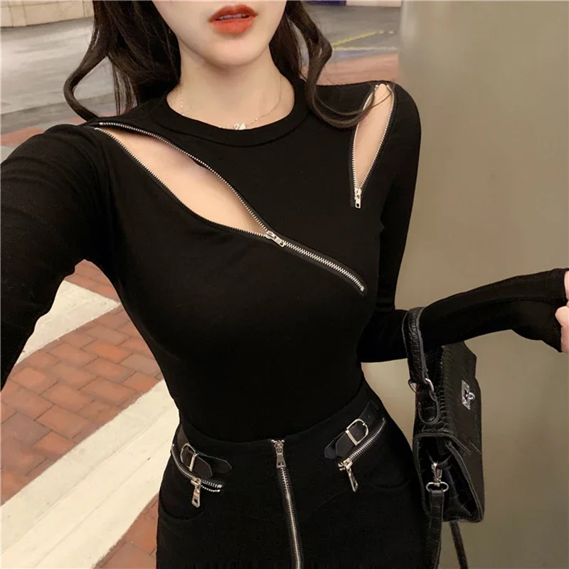 

Sexy Zipper Slim Fit Sweater Women Autumn Winter Long Sleeve Knitted Jumper Woman Streetwear Hollow Out Jerseys Female