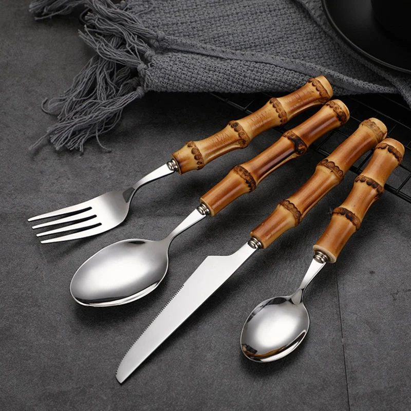 

Bamboo Handle Stainless Steel Tableware Western Tableware Steak Knife Fork Spoon Set Includes Dessert Spoon Forks Household