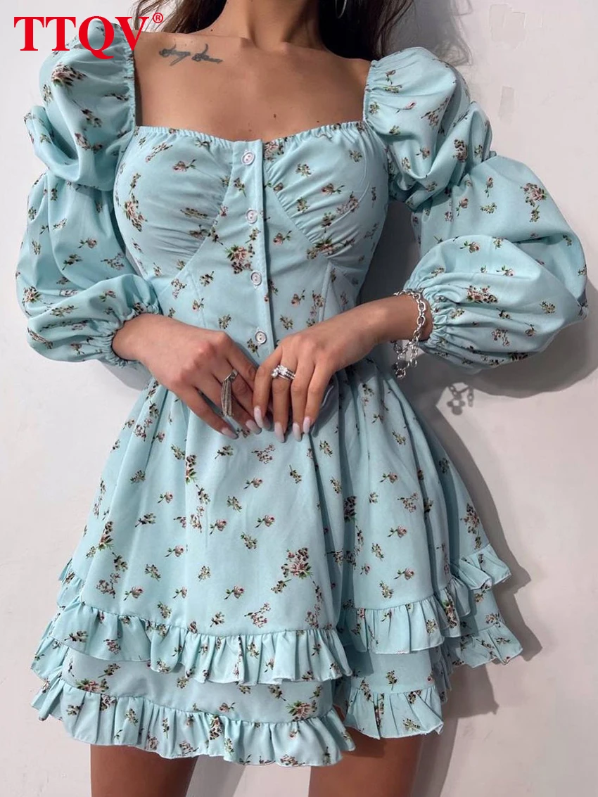 

TTQV Fashion Floral Print New In Dresses Elegant Square Collar Wrist Sleeve High Waist Single-Breasted Cascading Ruffle Dresses