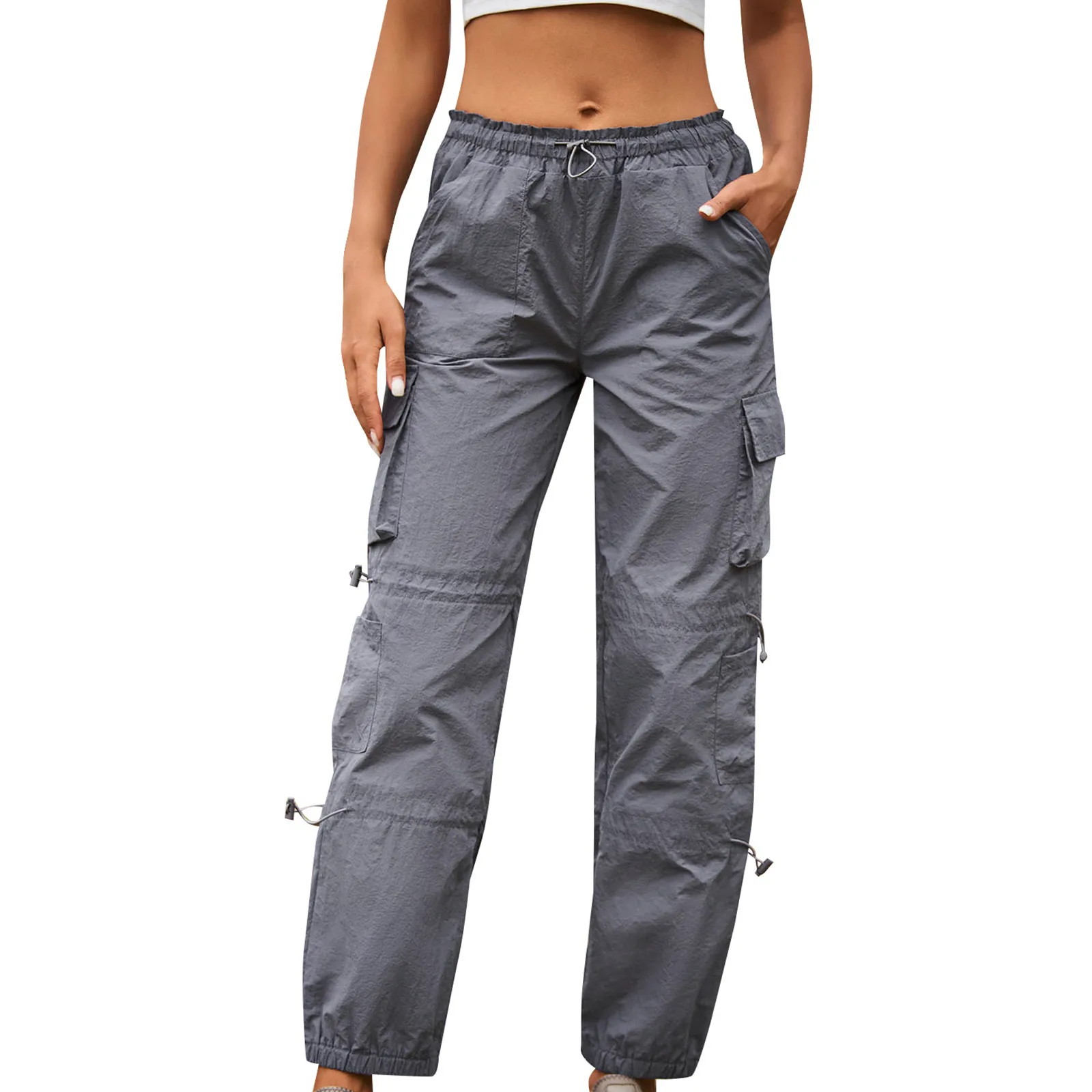 Strandbroek voor dames, elastische taille met trekkoord, halfhoge taille, brede pijpen, gedeelde vrijetijdsbroek, effen kleur, met zakken, taps toelopende manchetten, zwart, XL