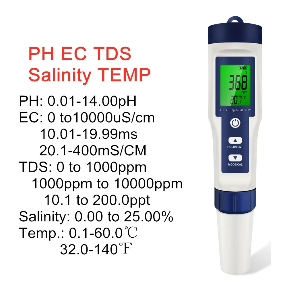 Water Quality Tester 5 In 1 Digital PH TDS EC Meter Salinity Temperature Tester Conductivity Water Filter Purity Pen Backlight