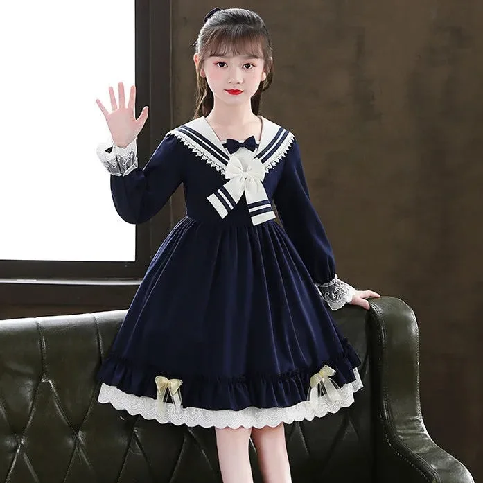 Uniforme de princesse en dentelle avec nœud papillon pour enfants, robe de  marin rétro pour adolescents, vêtements européens pour filles, 7 ans, 8 ans,  9 ans, 10 ans, 12 ans, printemps, automne, 2024