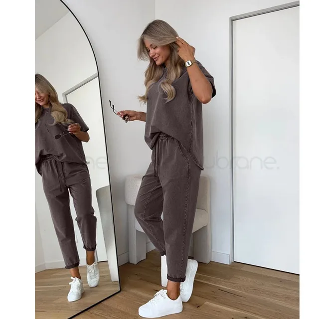 Casual Sports Style 2 Piece Set Women Loose O-neck Short Sleeved Pullover Elastic Waist Lace Up Long Pants Set Fashion Commuting 2