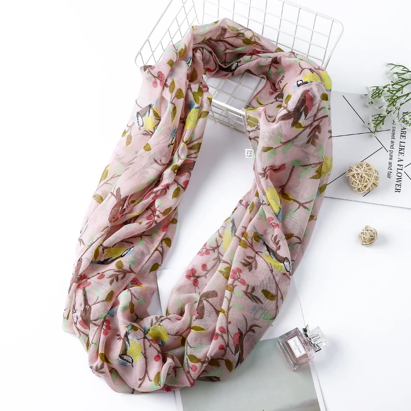 Winter Light weight Animal Infinity Scarf Women Luxury Brand Abstract Birds On Tree Viscose Echarpe Shawl Loop Ring Scarves 6